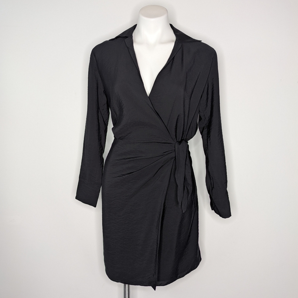 NWT Vince Black V Neck Long Sleeve Side Tie Collared Dress XS